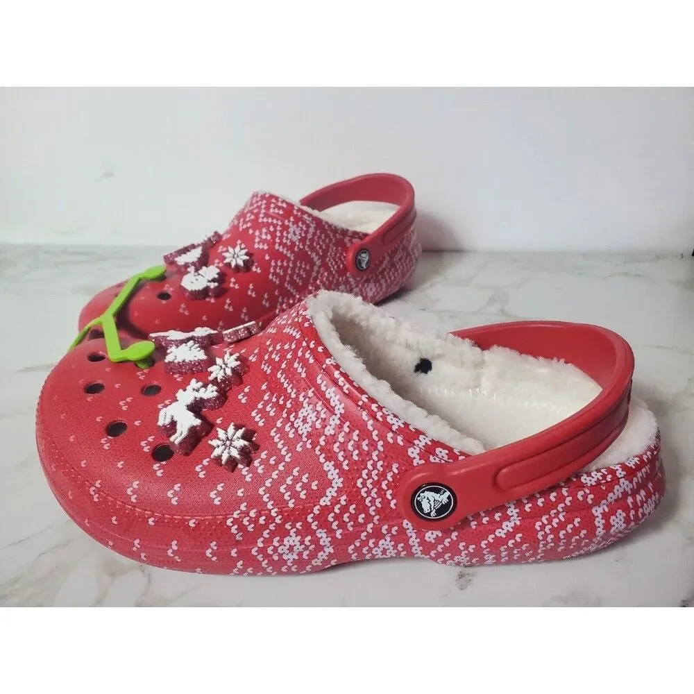 NWT Classic Lined Red White Christmas Holiday Crocs Men's 8 Women's 10